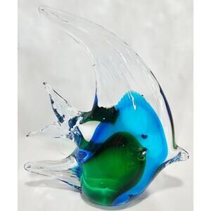 Vtg Hand Blown Art Glass Angel Fish Paperweight Blue Green 5.5" T Murano Style
